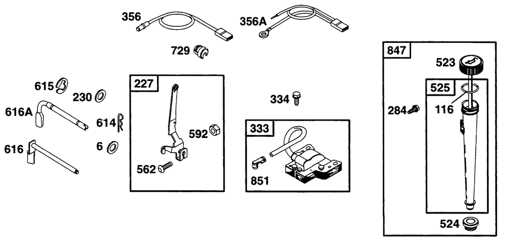 Controls, Elect, Oil Fill Diagram and Parts List for 28A707-0526-XX  Briggs and Stratton Engine